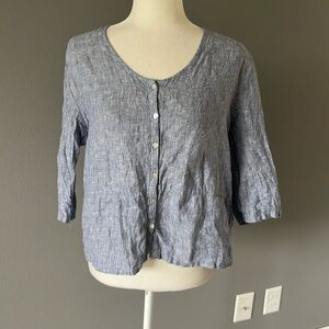 Sigrid Olsen 100% Linen Button Up 3/4 Sleeve Oversized Blouse Chambray Blue